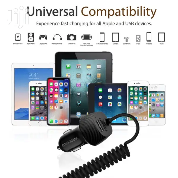Promate Voltrip-I 3.4A Car Charger+Lightning Coiled Cable