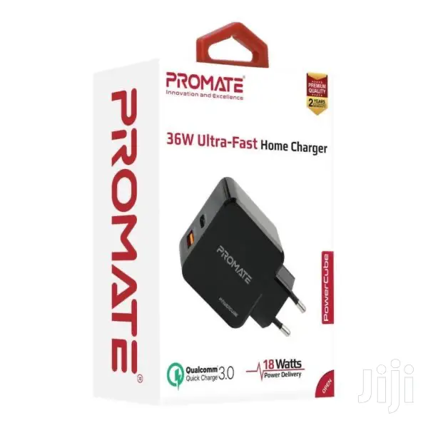 Promate Powercube~36W Fast Charging Dual Port Charger(Black)