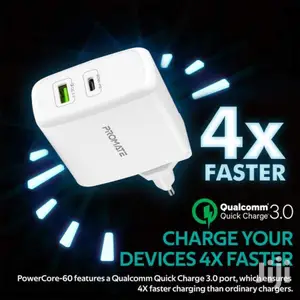 Promate Powercore-60 USB-C Wall Adapter+60watt Power and QC
