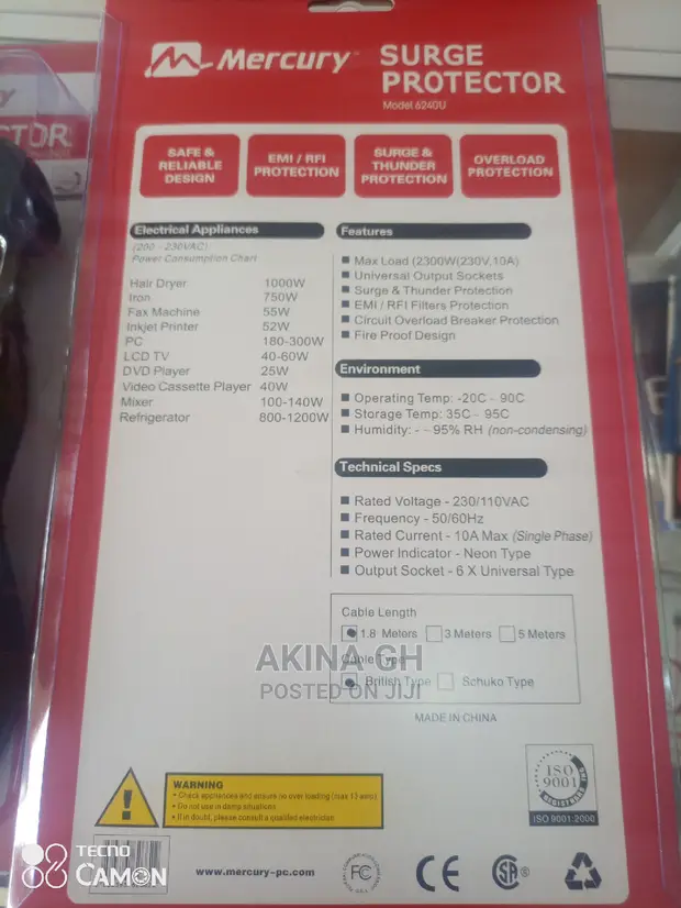 Mercury Surge Protector Extension Board 5m 2