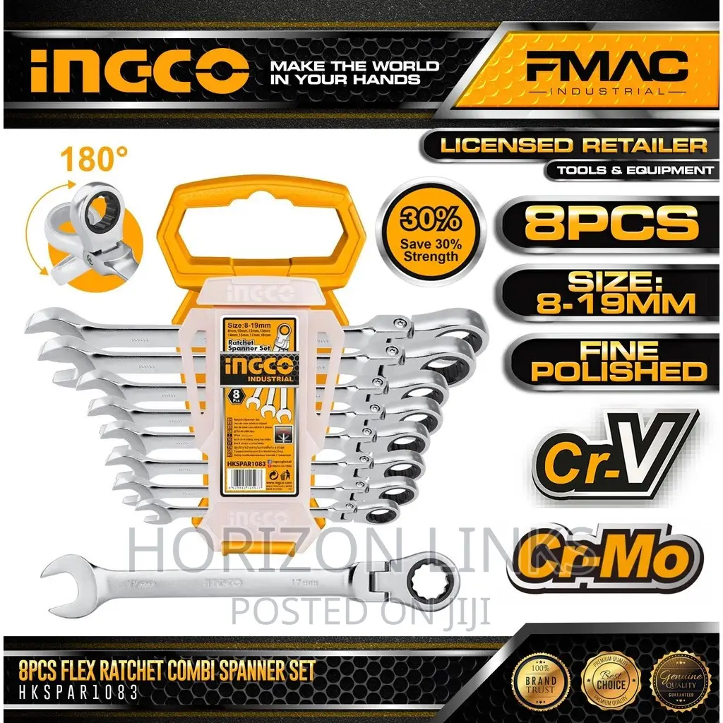 INGCO 8pcs Flex Ratchet Combination Spanner Set