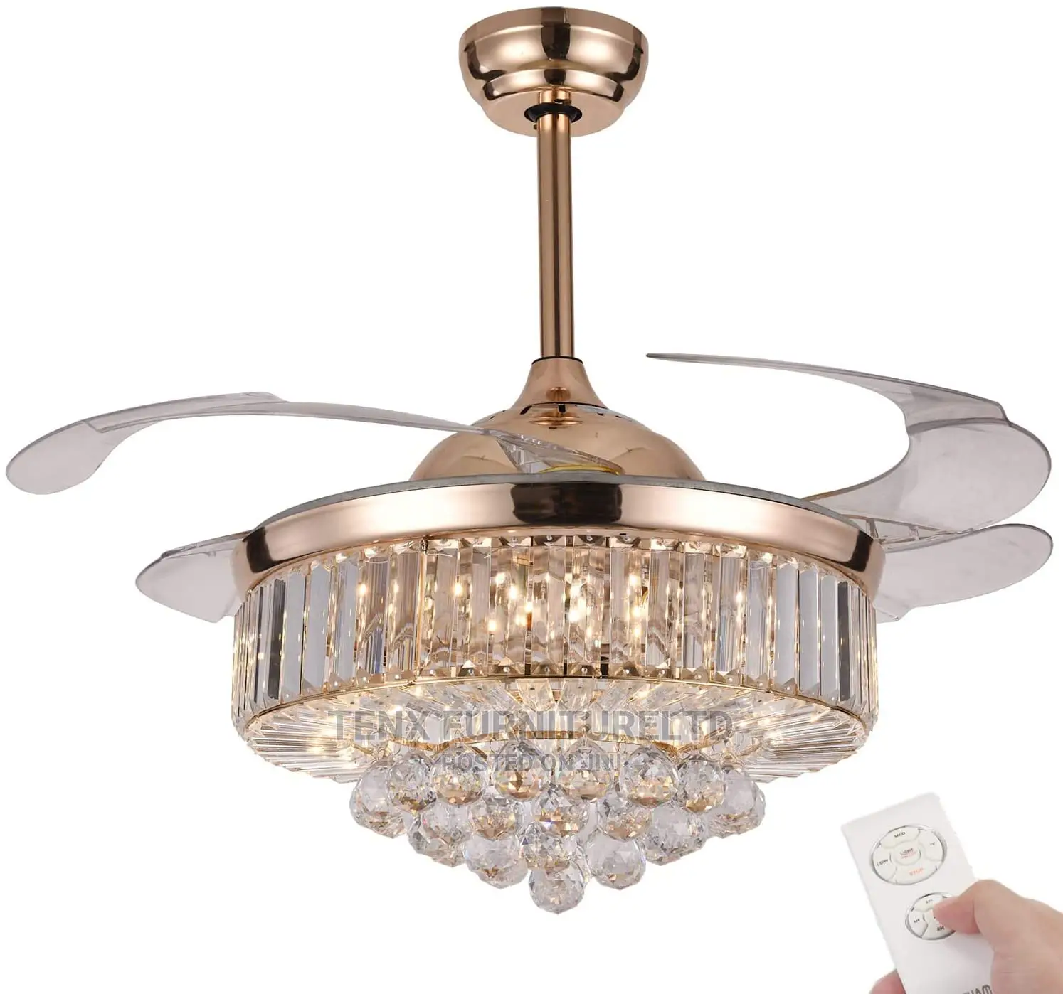 Crystal Ceiling Fan, 3 Light Change LED Silent Fan Chandelie