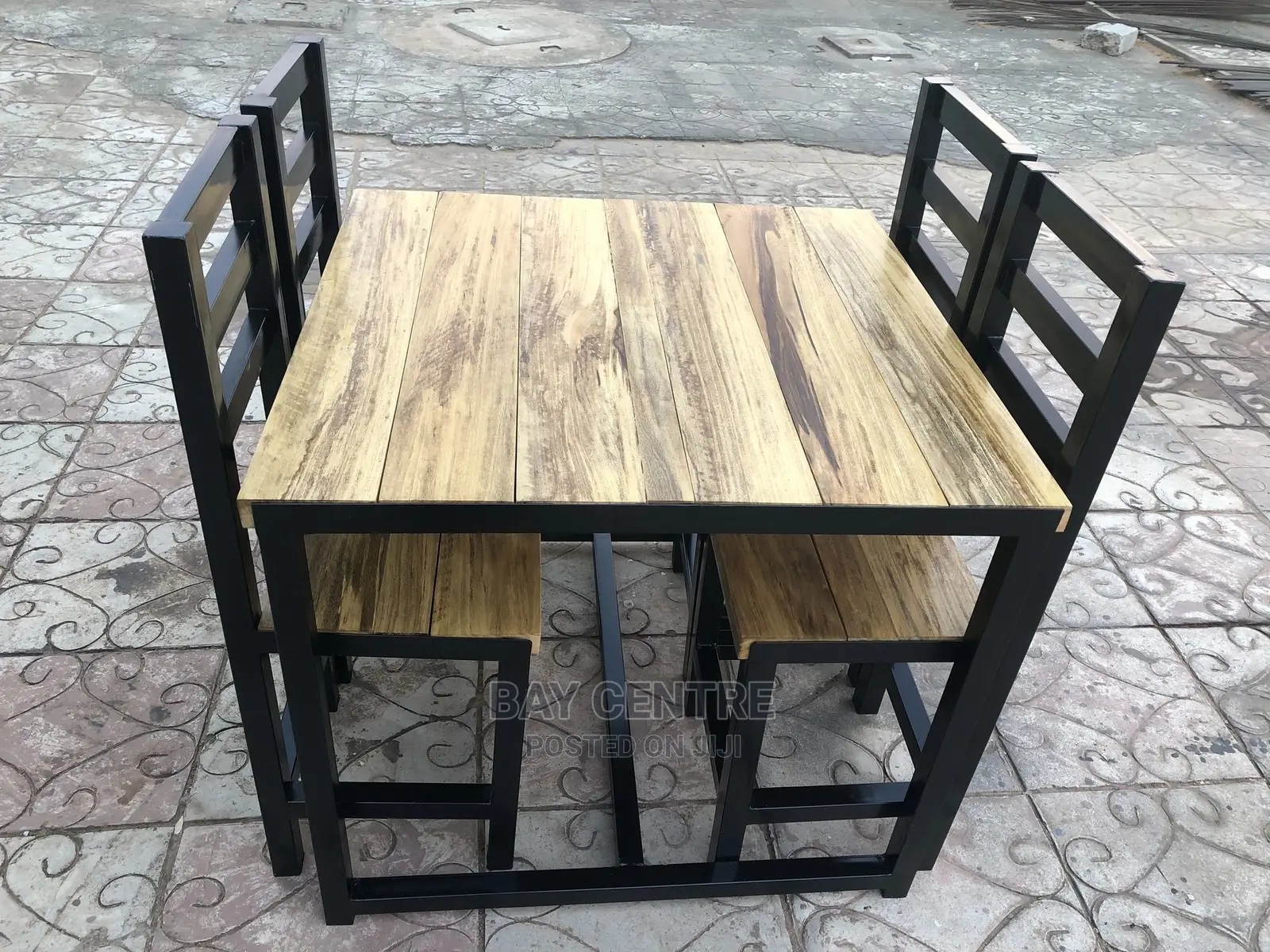 Rustic Metal Legs Wooden Top Table And Chairs