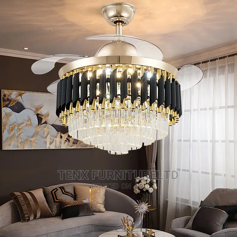 Crystal Ceiling Fan Chandelier Retractable