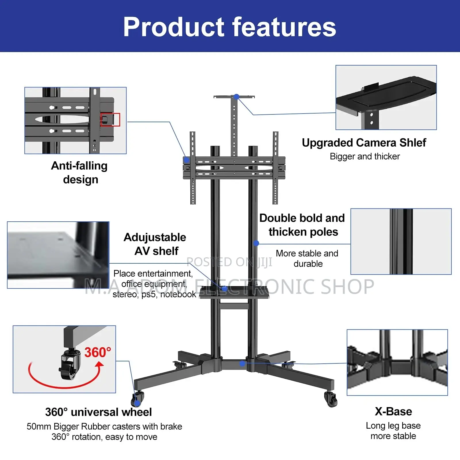 Tv Stand 32”-70” With 360 Degree Wheels