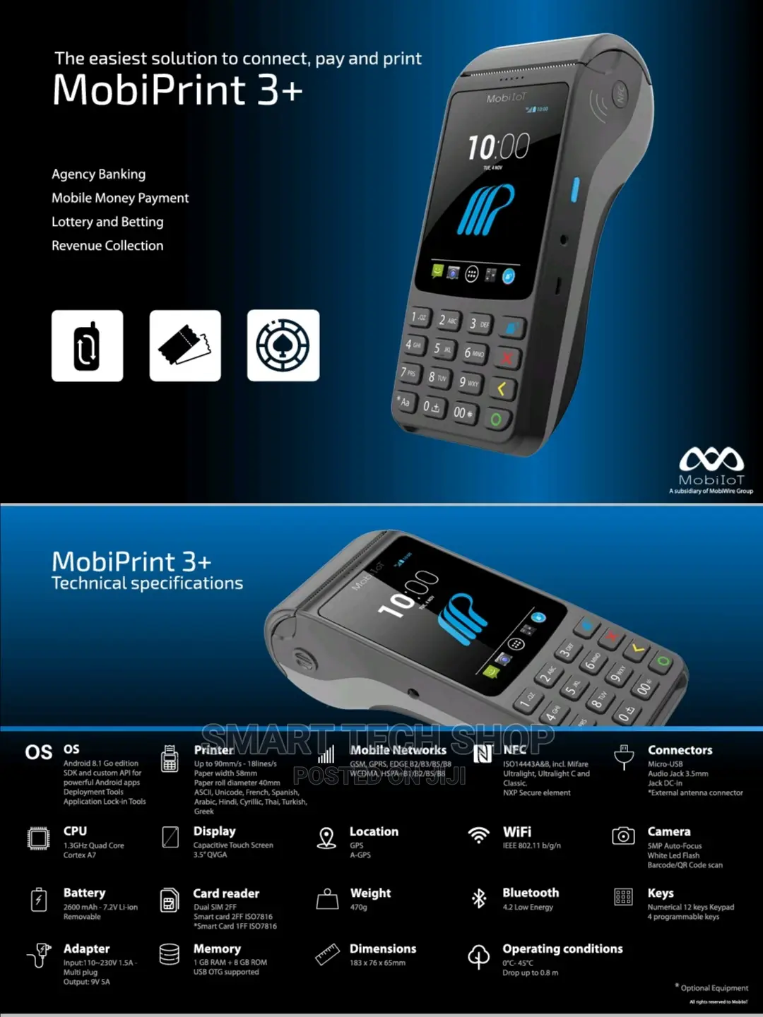 Mobiwire Android Handheld Pos Device Printer, NFC, Dual Sim.