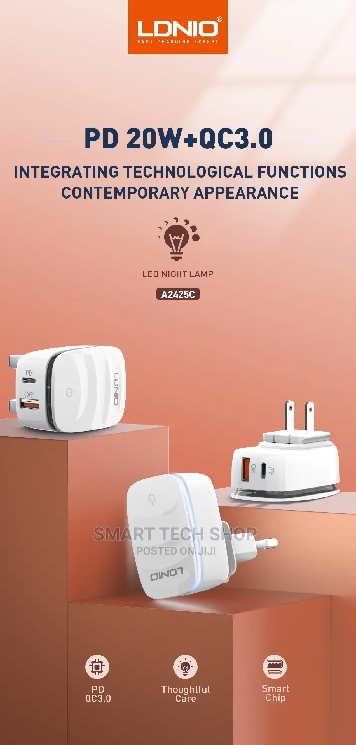 LDNIO Wall Charger LED Lamp 20W PD USB Fast Charge iPhone 13