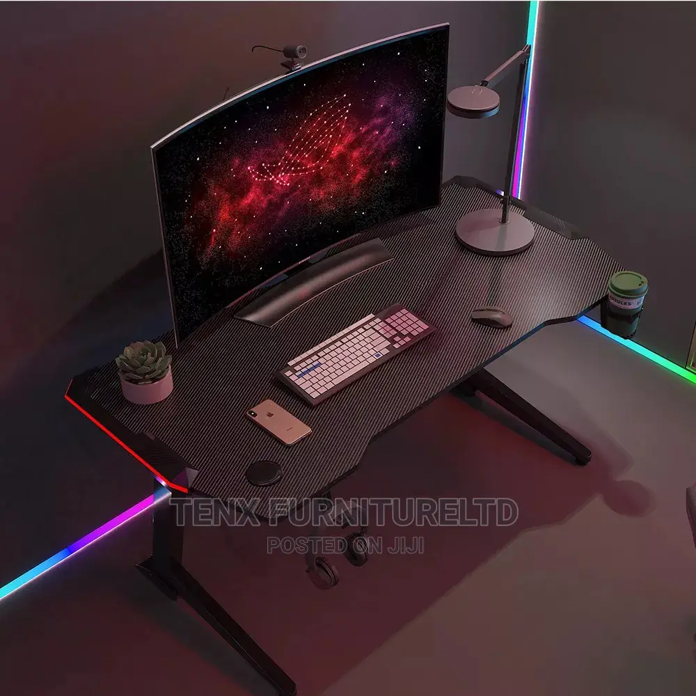 Gaming Desk With Cup/Headphone Holder and Carbon Fiber Top