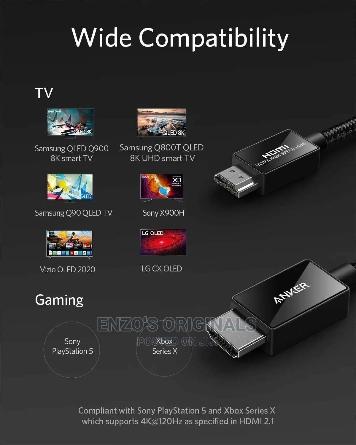 Hdmi 2.1 Cable at 120hz at 60hz 48gbps HDCP2.2 10ft or 3M