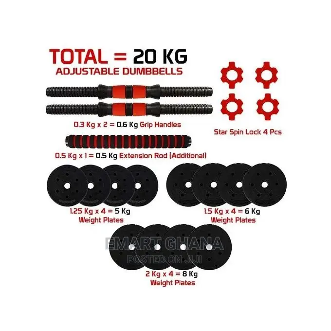 20KG Adjustable Gym Dumbbell Set + Free Barbell Rod - Black