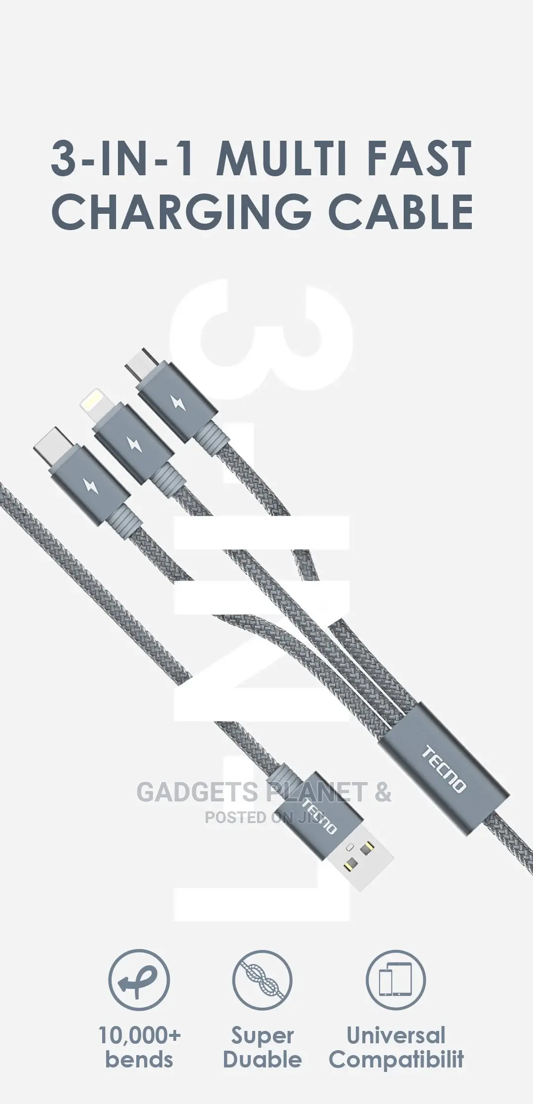 Tecno 3 in 1 Charging Data Cable - 1m