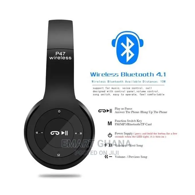 P47 Bluetooth Wireless Headphone - Black + Free OFIA