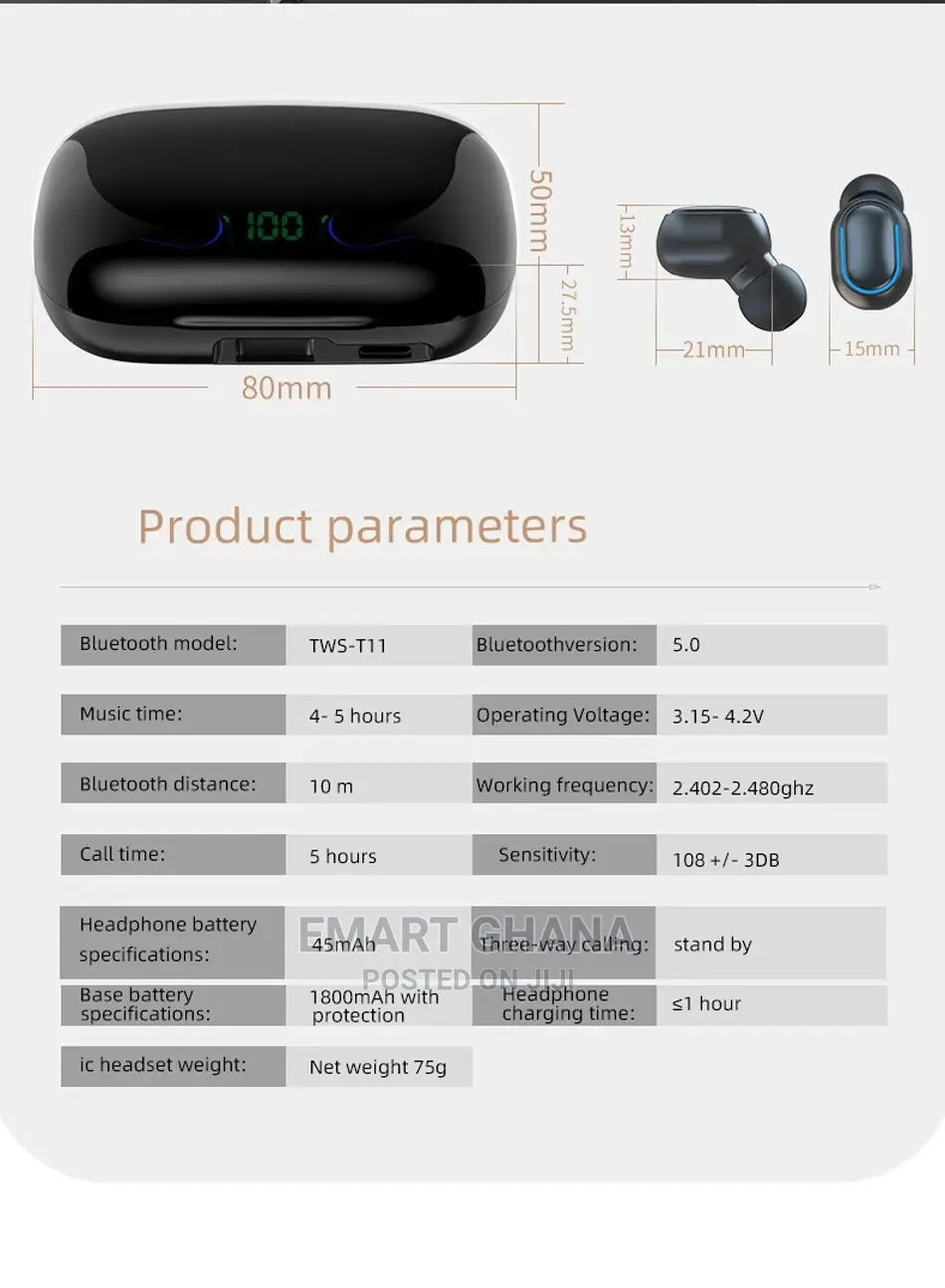 Bluetooth 5.0 TWS In-Ear Earphones, Wireless Earbuds - B
