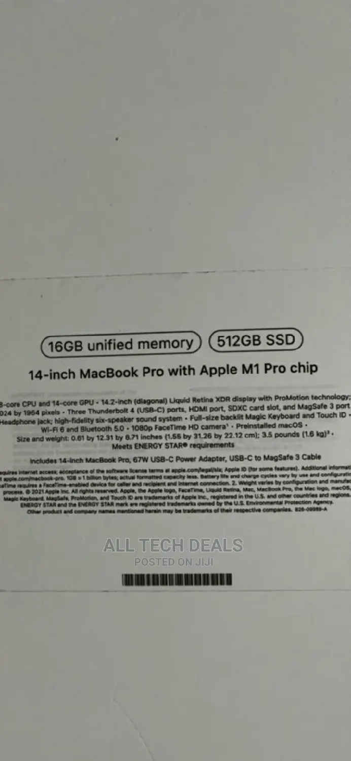 New Laptop Apple MacBook Pro M1 16GB Apple M1 SSD 512GB