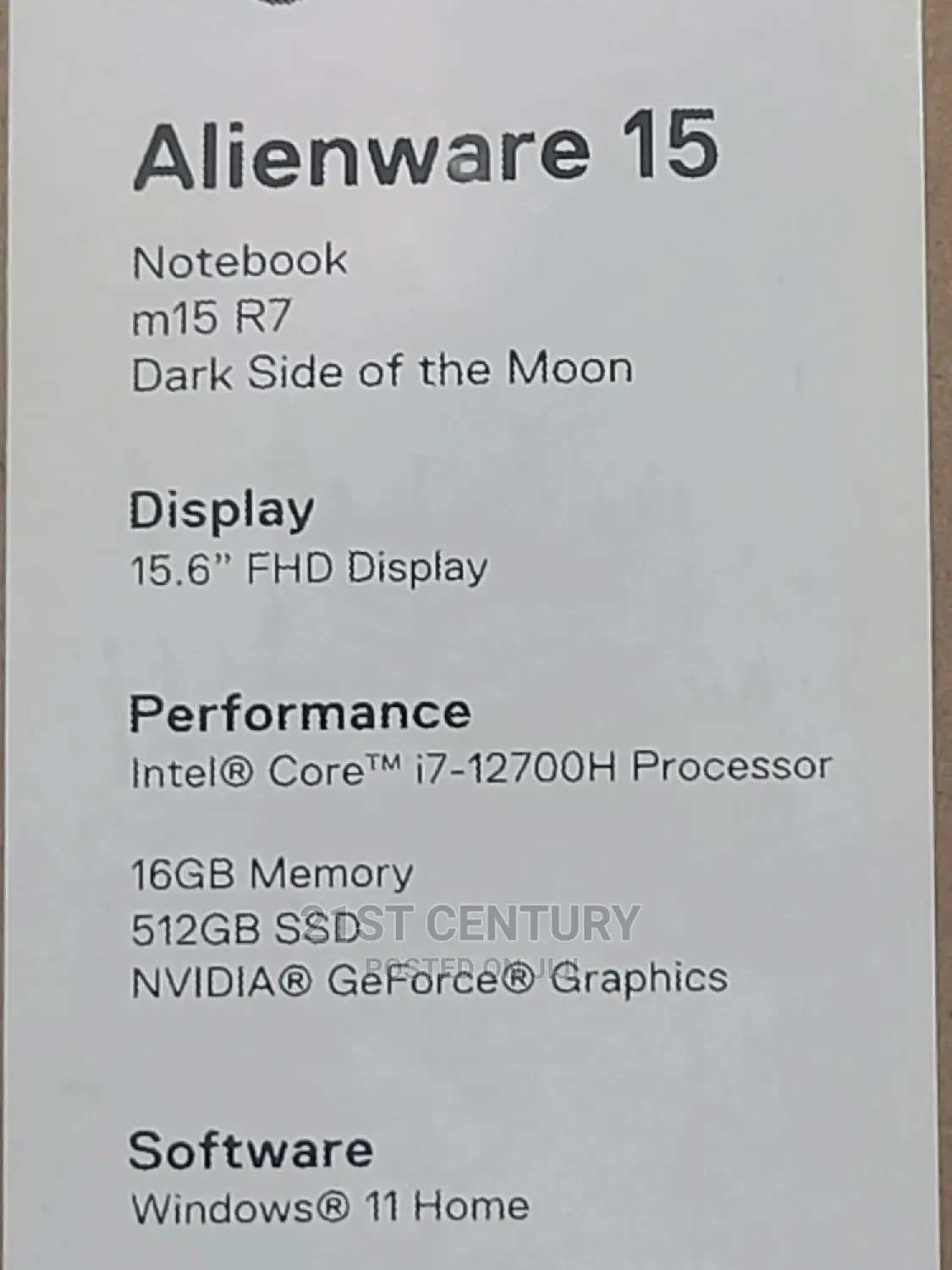 New Laptop Dell Alienware M15 16GB Intel Core i7 SSD 512GB