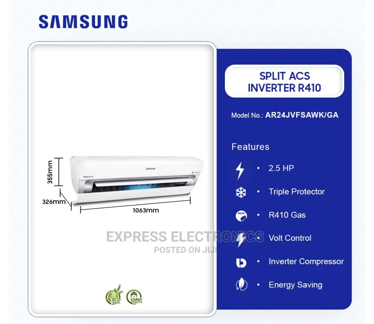 Samsung 2.5hp Inverter R410 Gas Split Air Conditioner