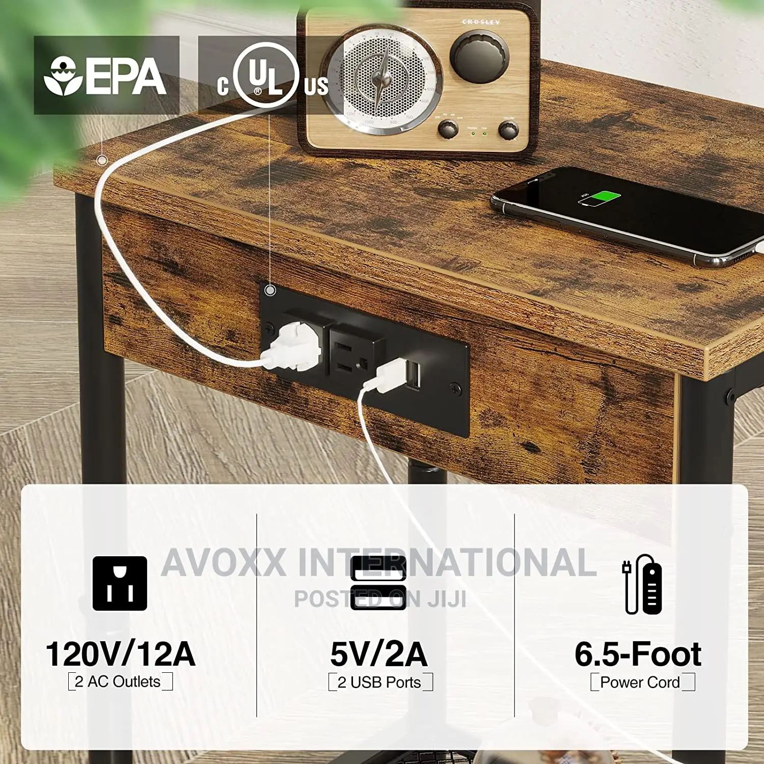 Seventable End Table With Charging Station USB Ports