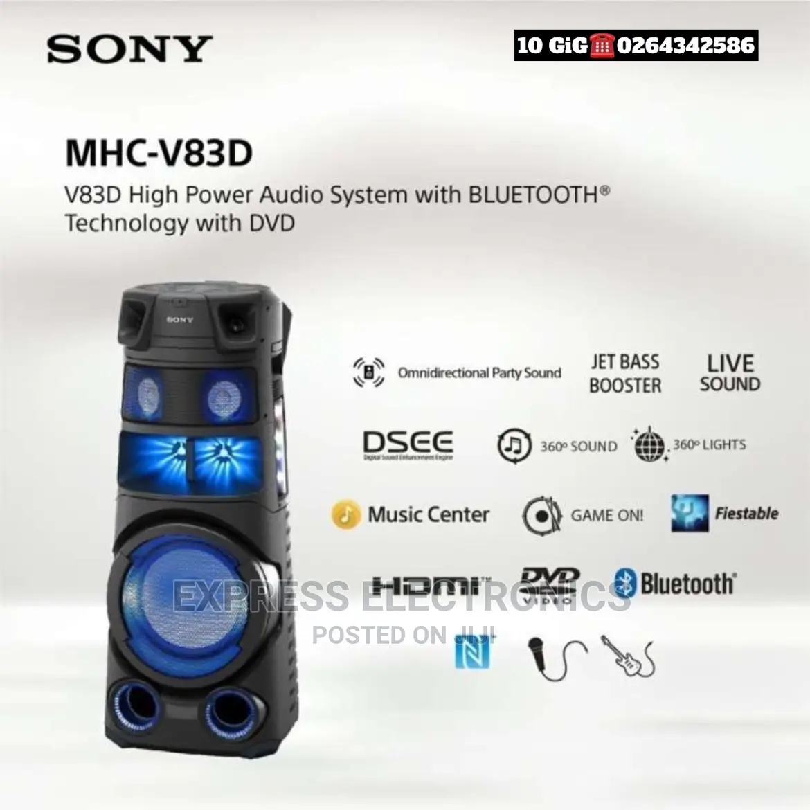 MHC-V83D High Power Audio System With BLUETOOTH Technology