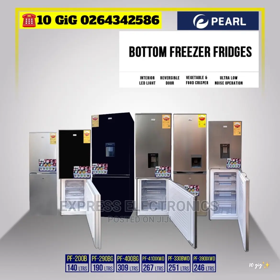 PF-330BWD 251ltr Pearl Bottom Freezer and Water Dispenser