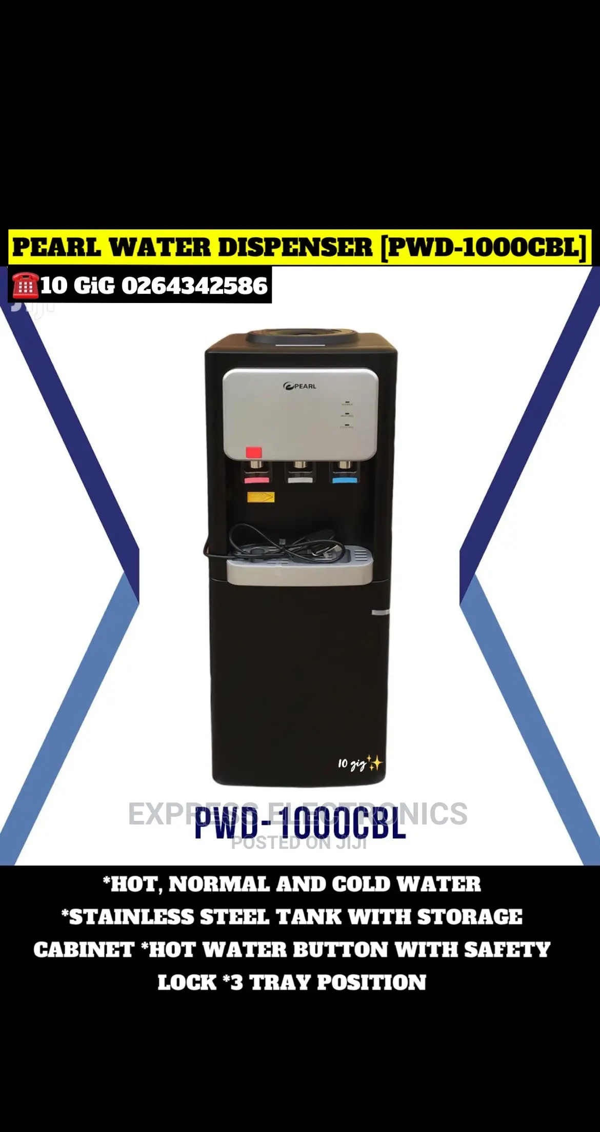 Pearl PWD-1000CBL Water Dispenser With Fridge - Black