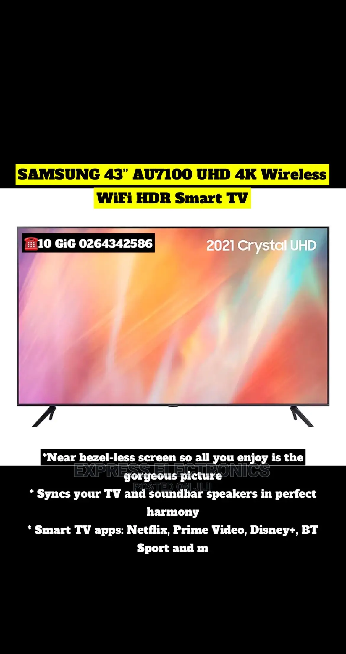 Best Samsung 43”AU7100 UHD Wireless Wi-Fi HDR Smart Tv