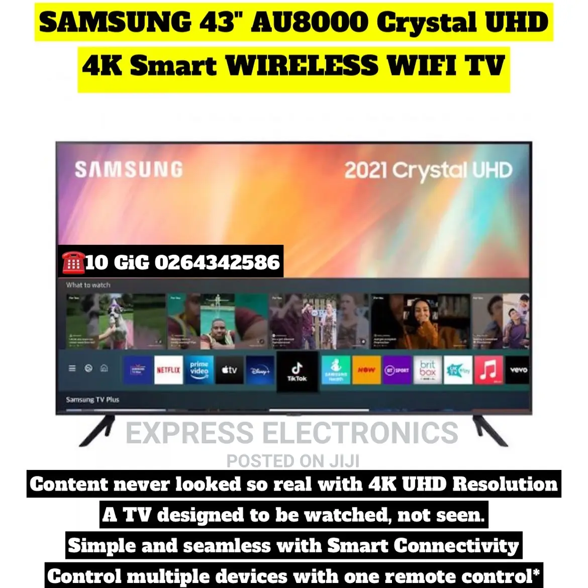 Samsung 43” AU8000 Crystal UHD Smart Wireless Wi-Fi Tv