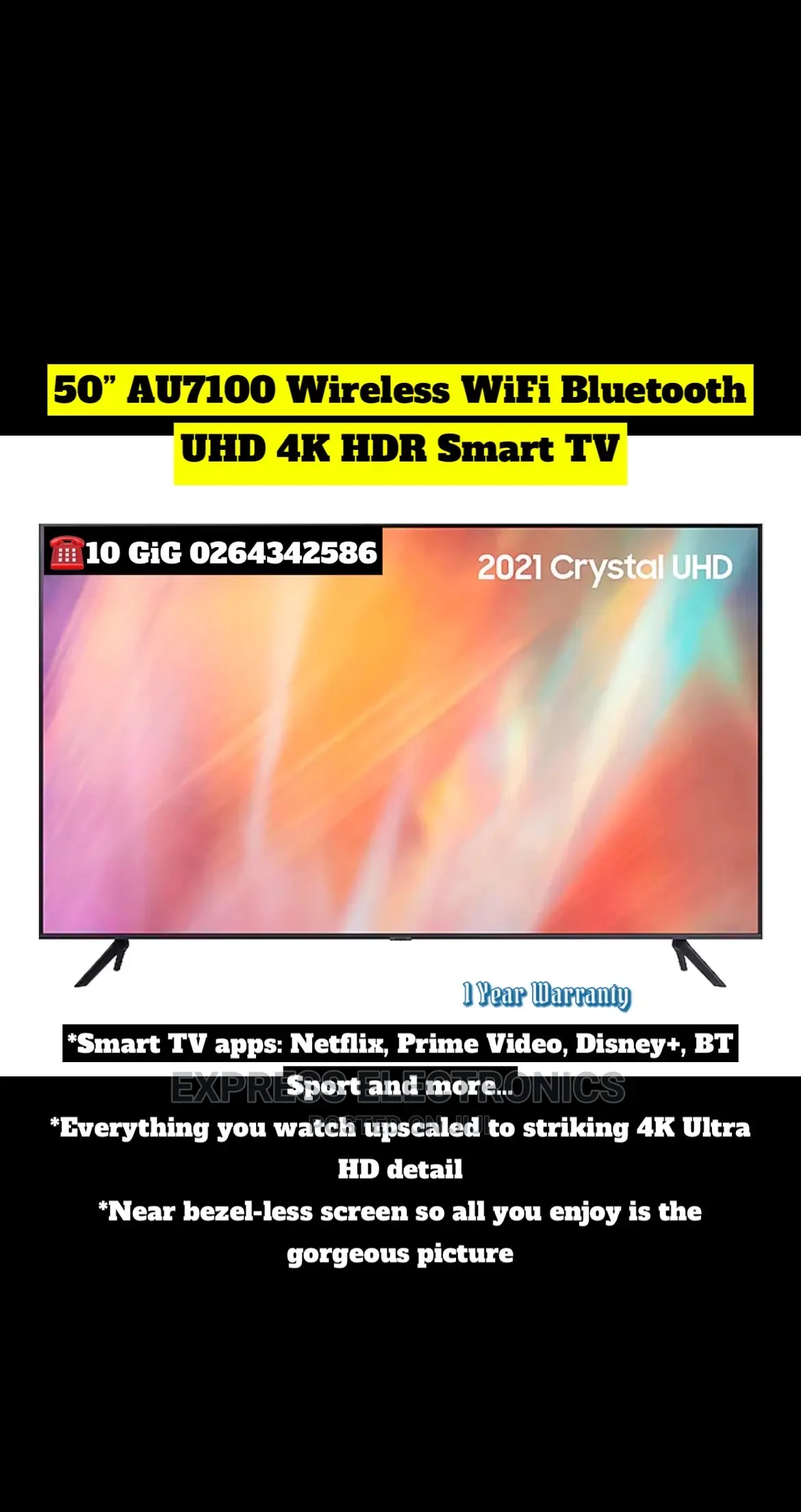 50”AU7100 Wireless Wi-Fi Bluetooth UHD HDR Smart Tv