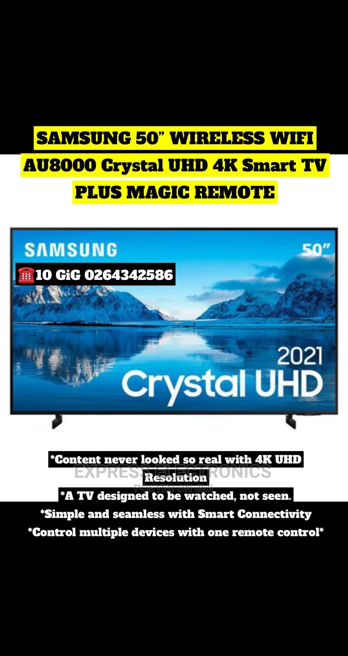 Samsung 50” Wireless Wi-Fi AU8000 Crystal UHD Smart Tv