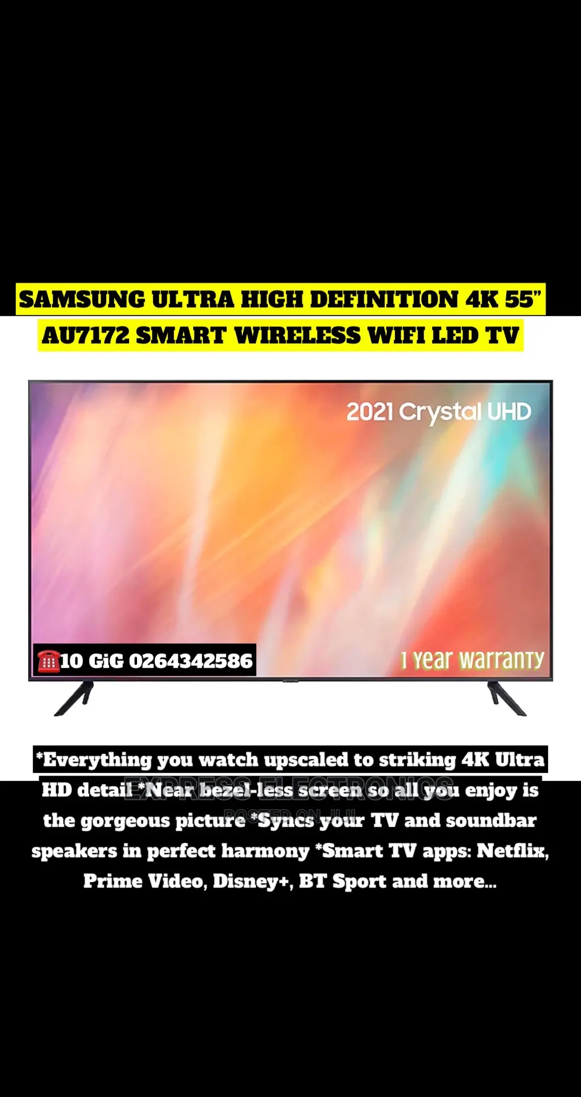 Samsung Ultra High Definition 55” AU7172 Smart Tv Wi-Fi