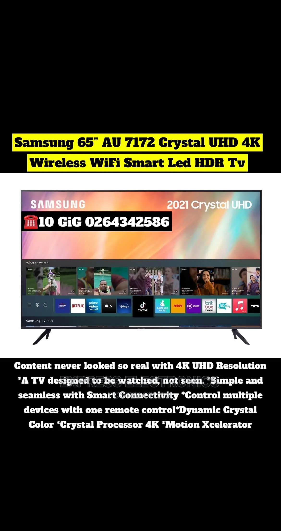Samsung 65” Au7172 Crystal Uhd Wireless Wi-Fi Smart LED
