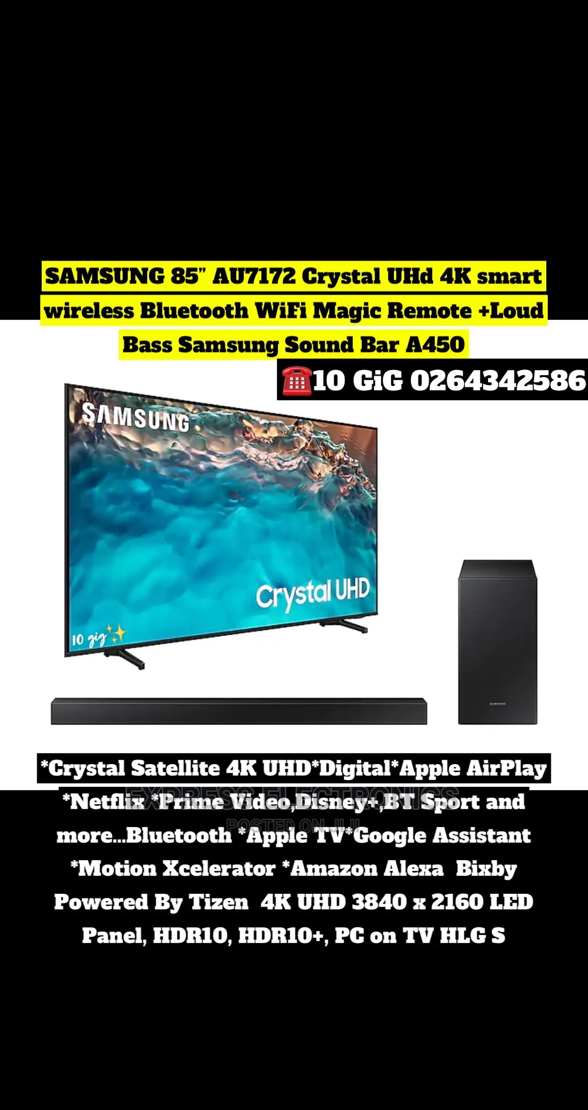 Samsung 85” Crystal UHD Smart Wireless Bluetooth Wi-Fi Tv