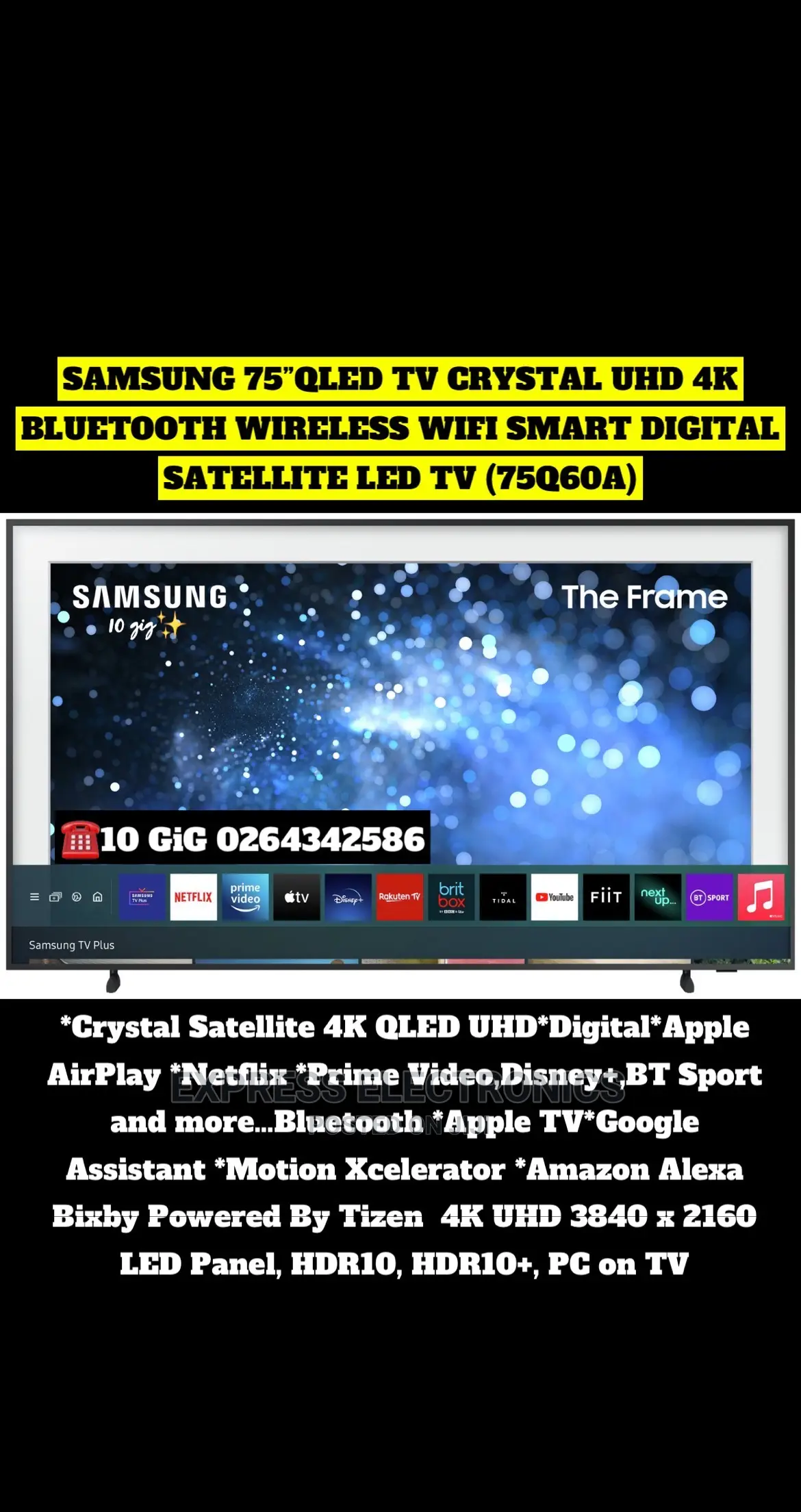 Samsung 75”QLED Tv Crystal UHD Bluetooth Smart Digital