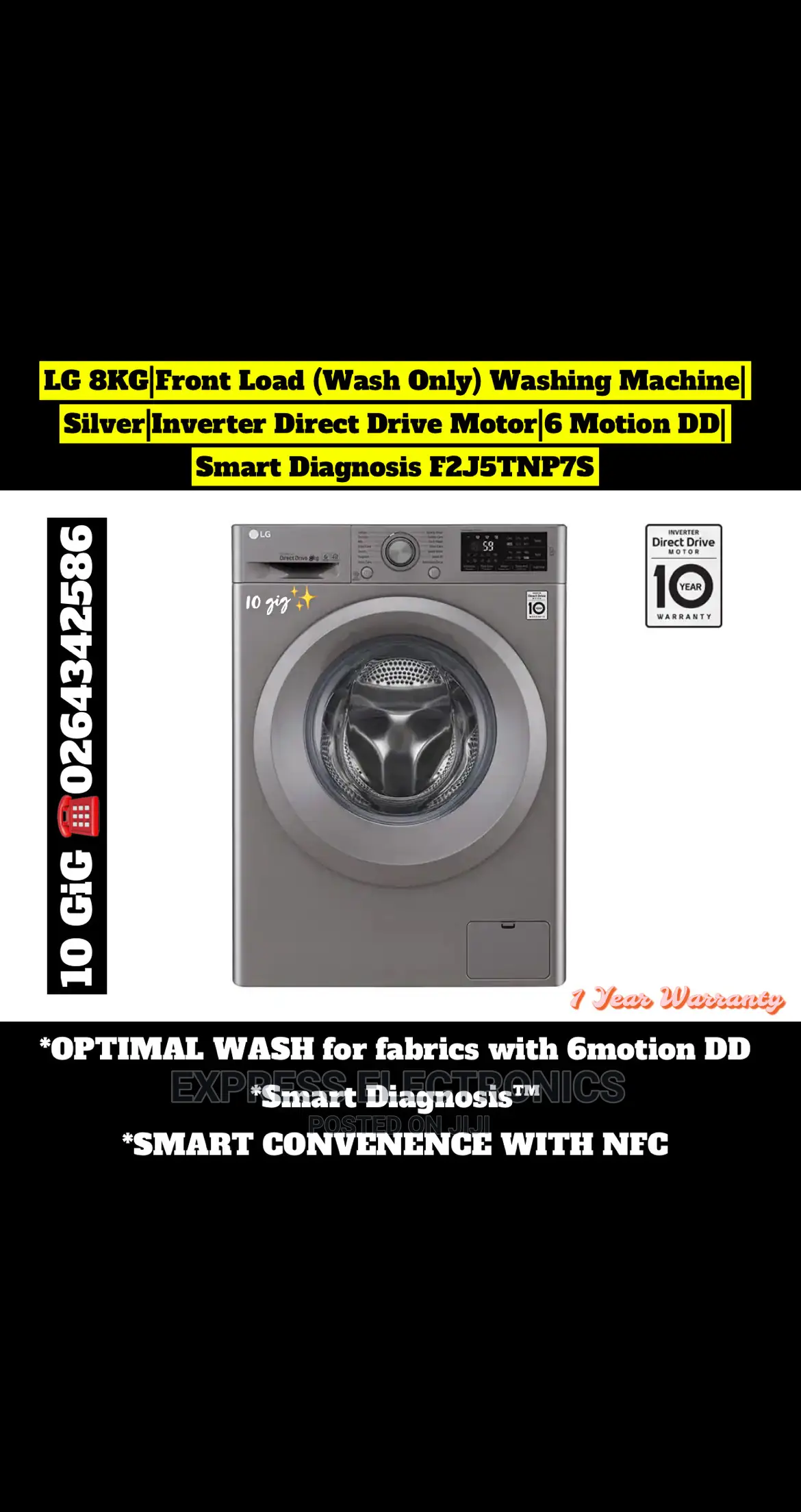 LG Front Load 8kg, Washing Machine Inverter Direct F2J5TNP7S