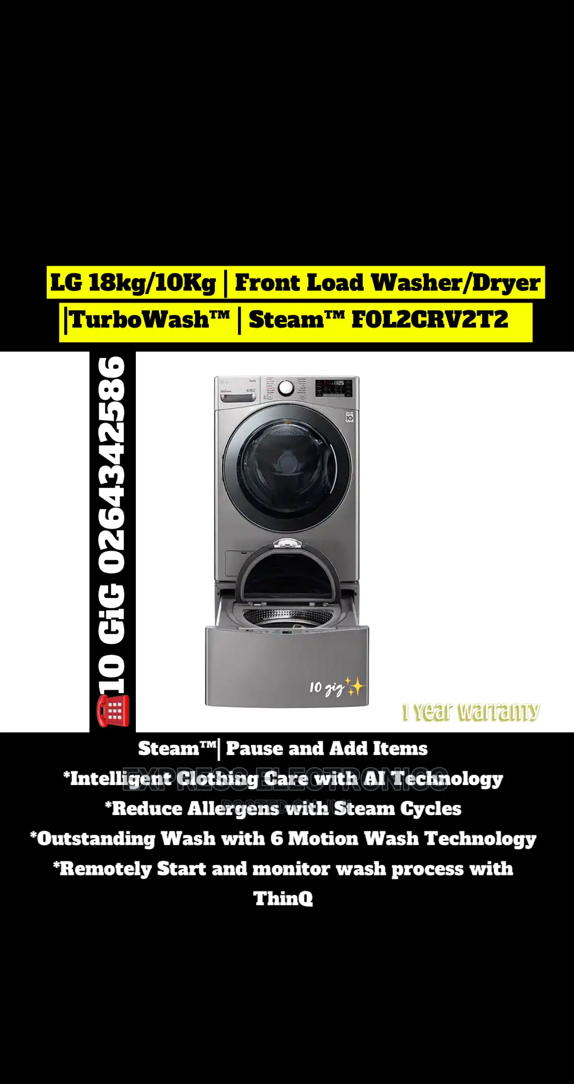 LG F0L2CRV2T2C 18KG Dry 10KG Front Load Washer Dryer