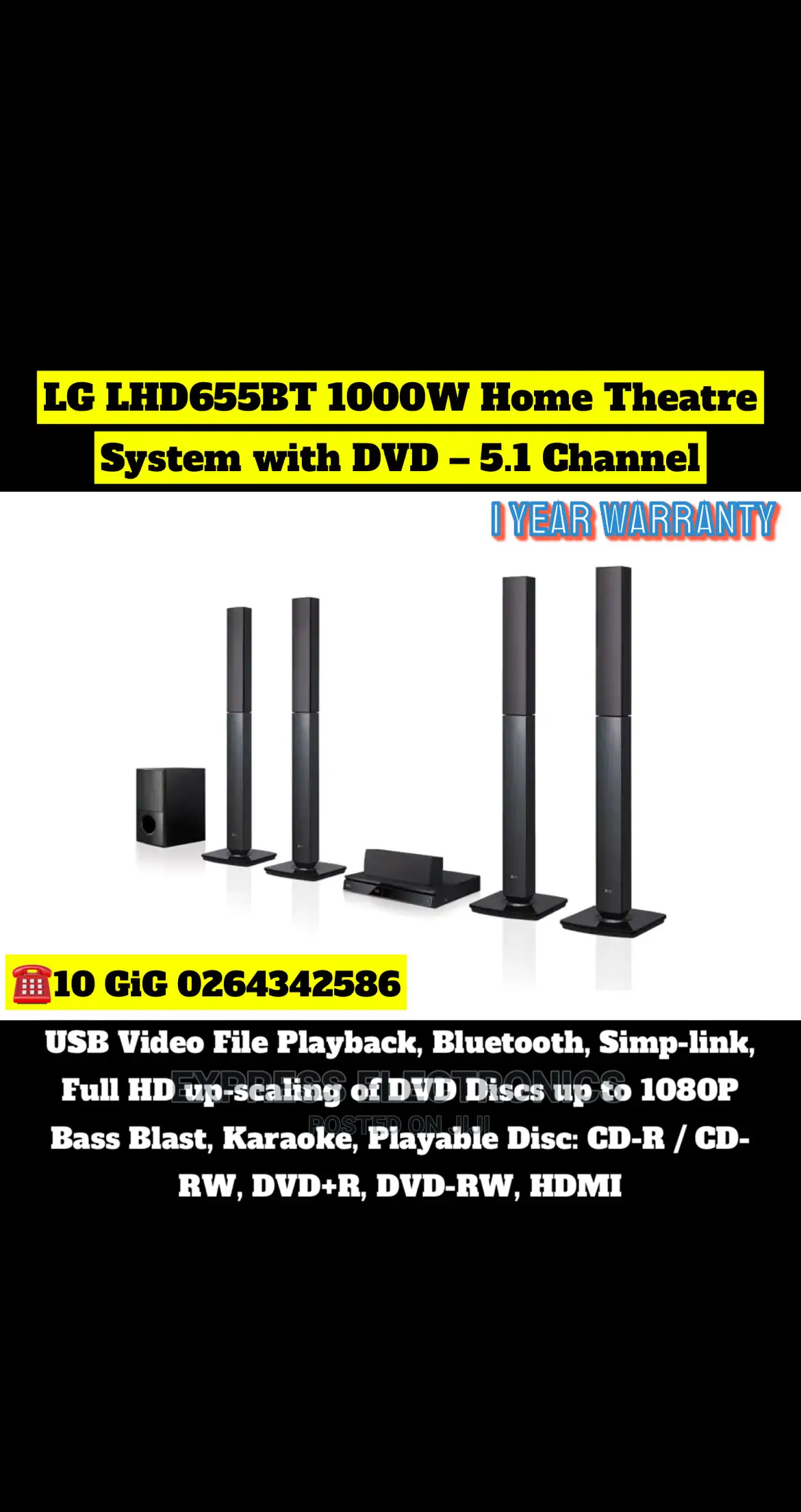 LG 5.1ch. DVD Home Theater System 1000W – LHD655BT