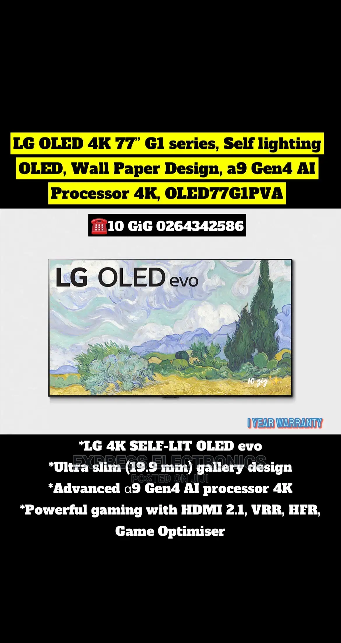 Oled77g1pva LG Oled TV 77” Self Lighting Oled, Smart 