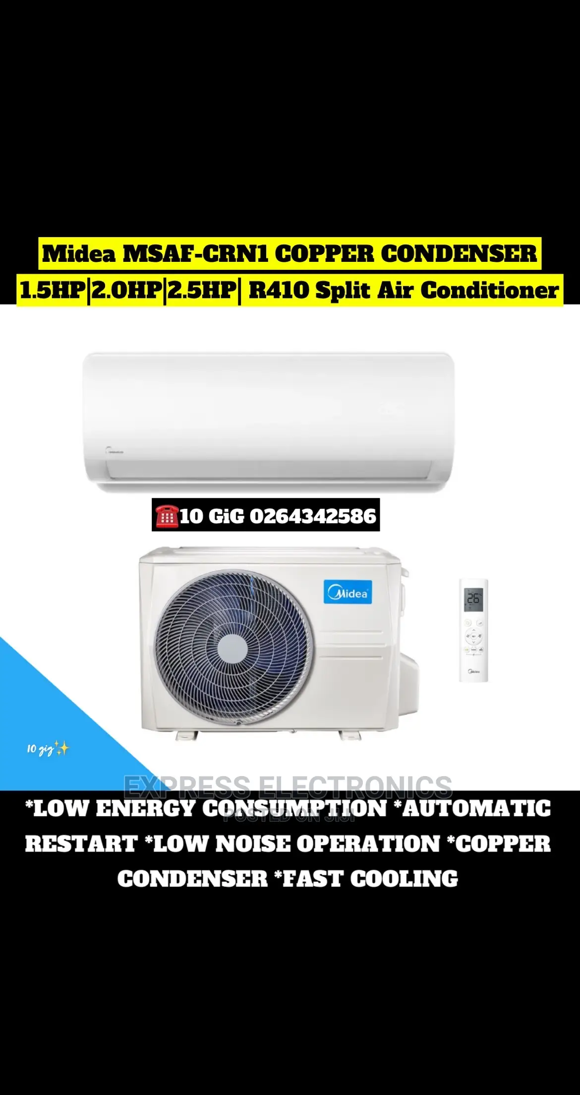 2.5hp Split Midea Smart Inverter R410 Gas