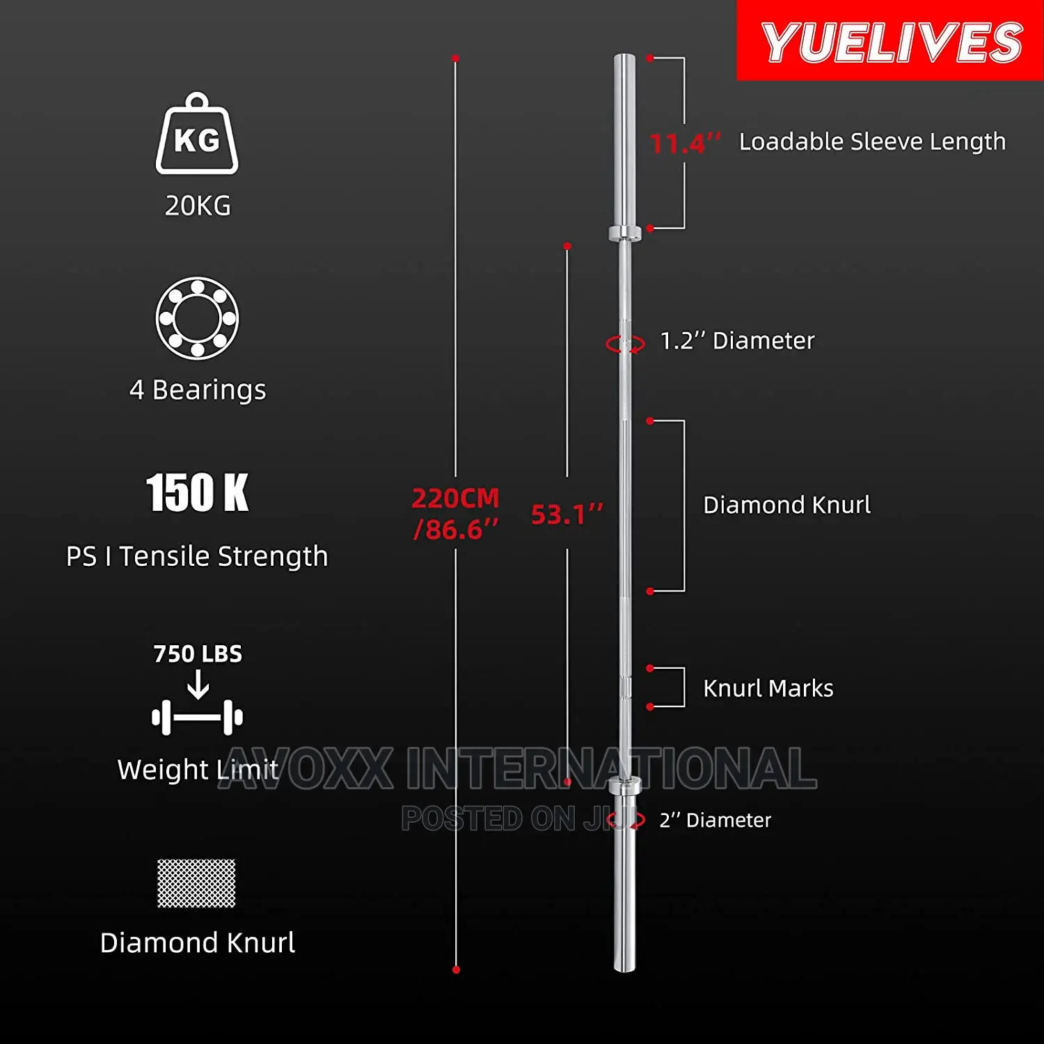 YUELIVES Olympic Bar 7ft Solid Barbell 750lb/1000lb Capacity