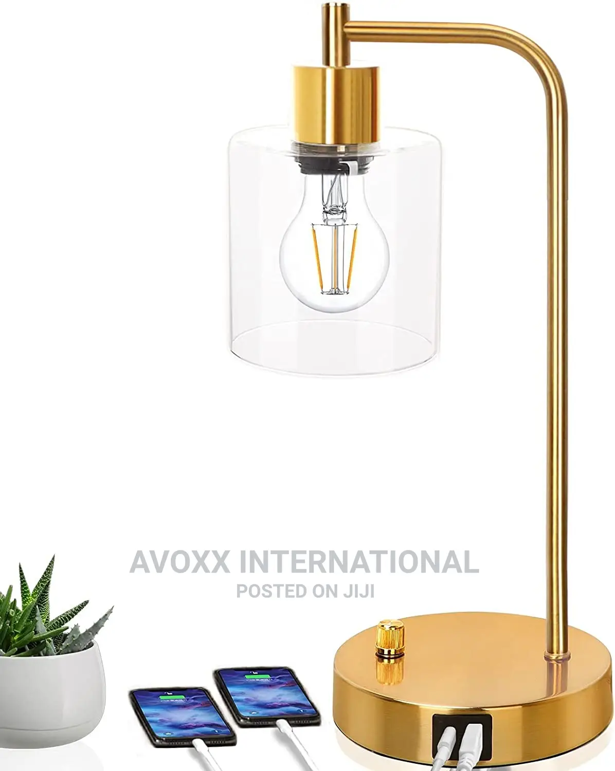 Gold Industrial Table Lamp With 2 USB Ports