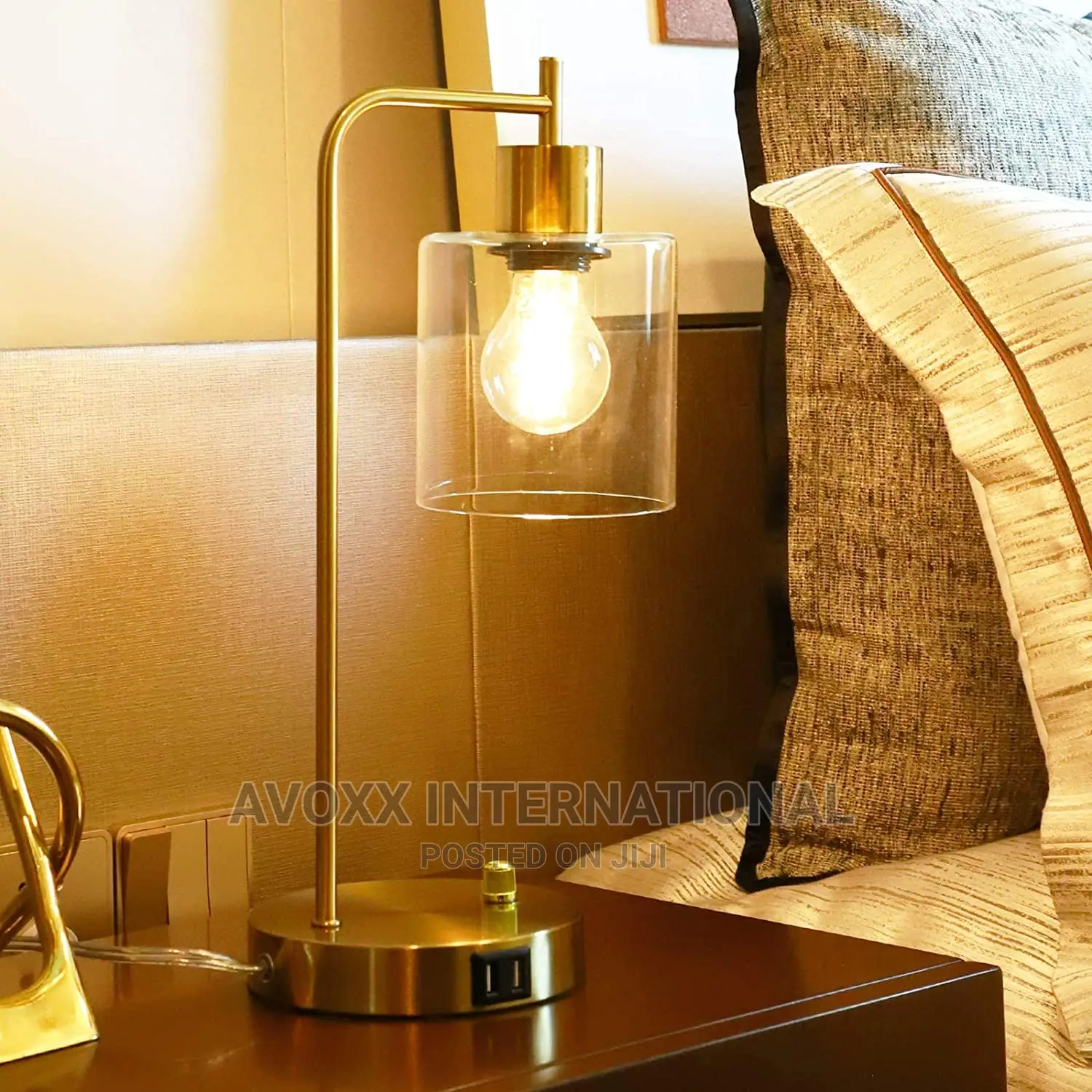 Gold Industrial Table Lamp With 2 USB Ports