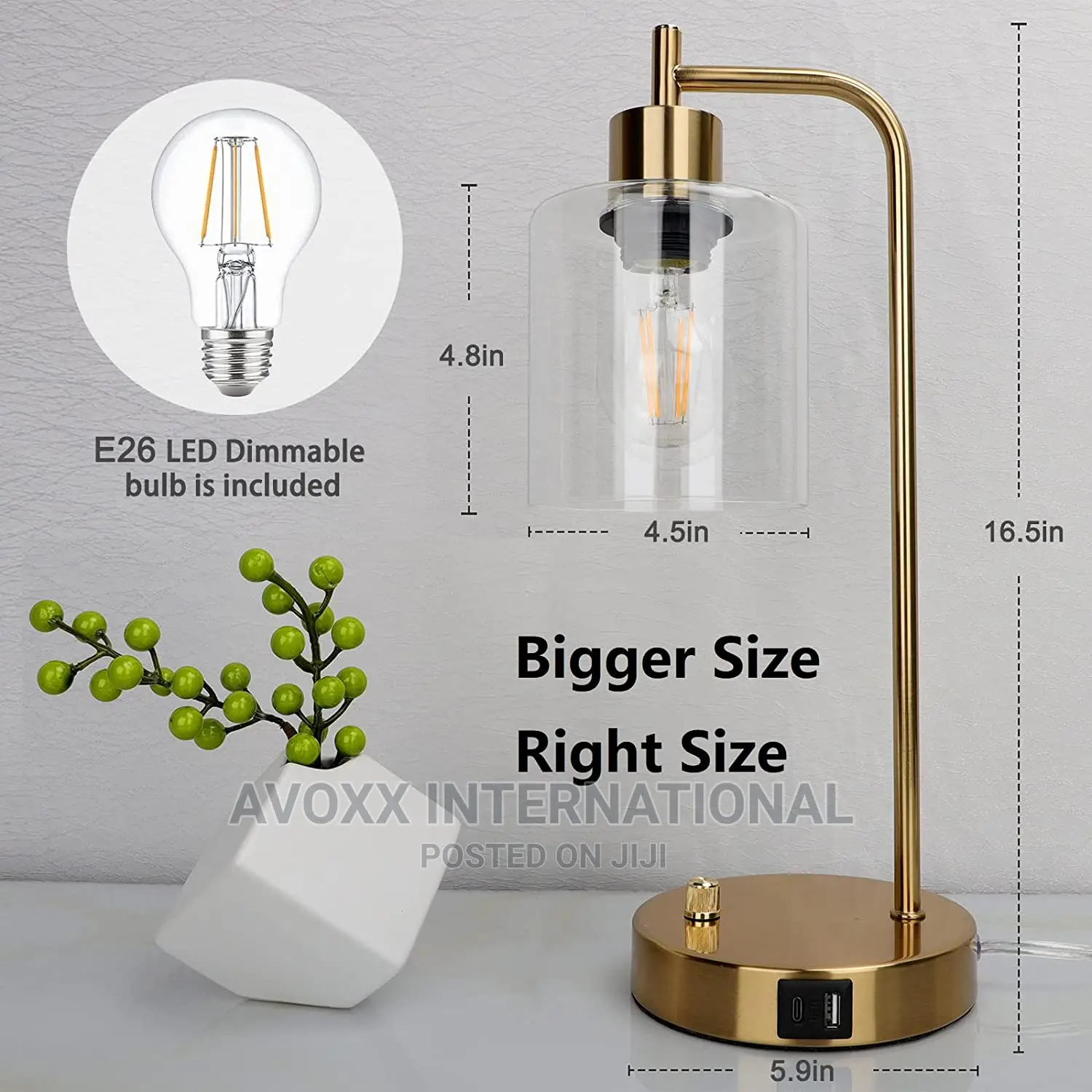 Gold Industrial Table Lamp With 2 USB Ports