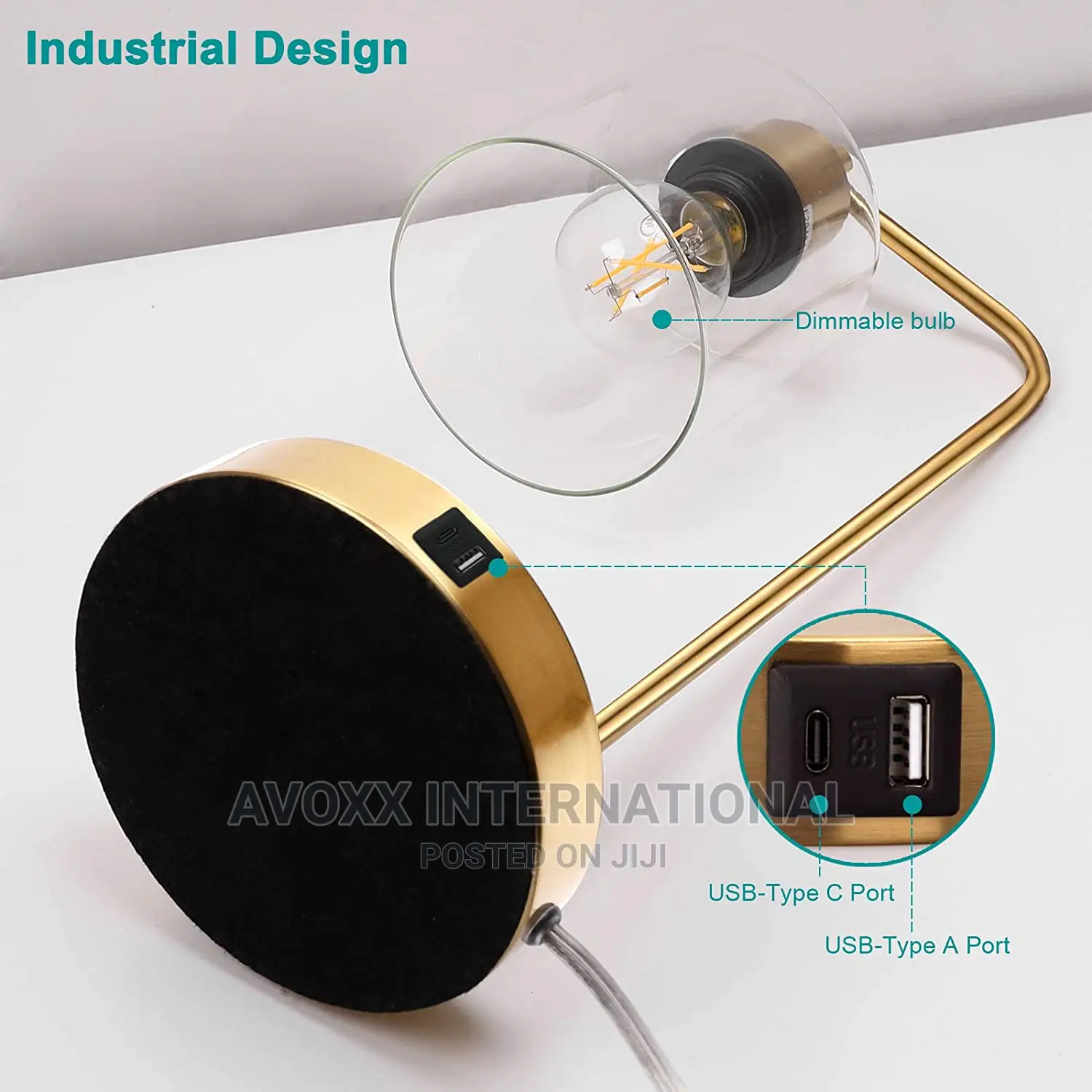 Gold Industrial Table Lamp With 2 USB Ports