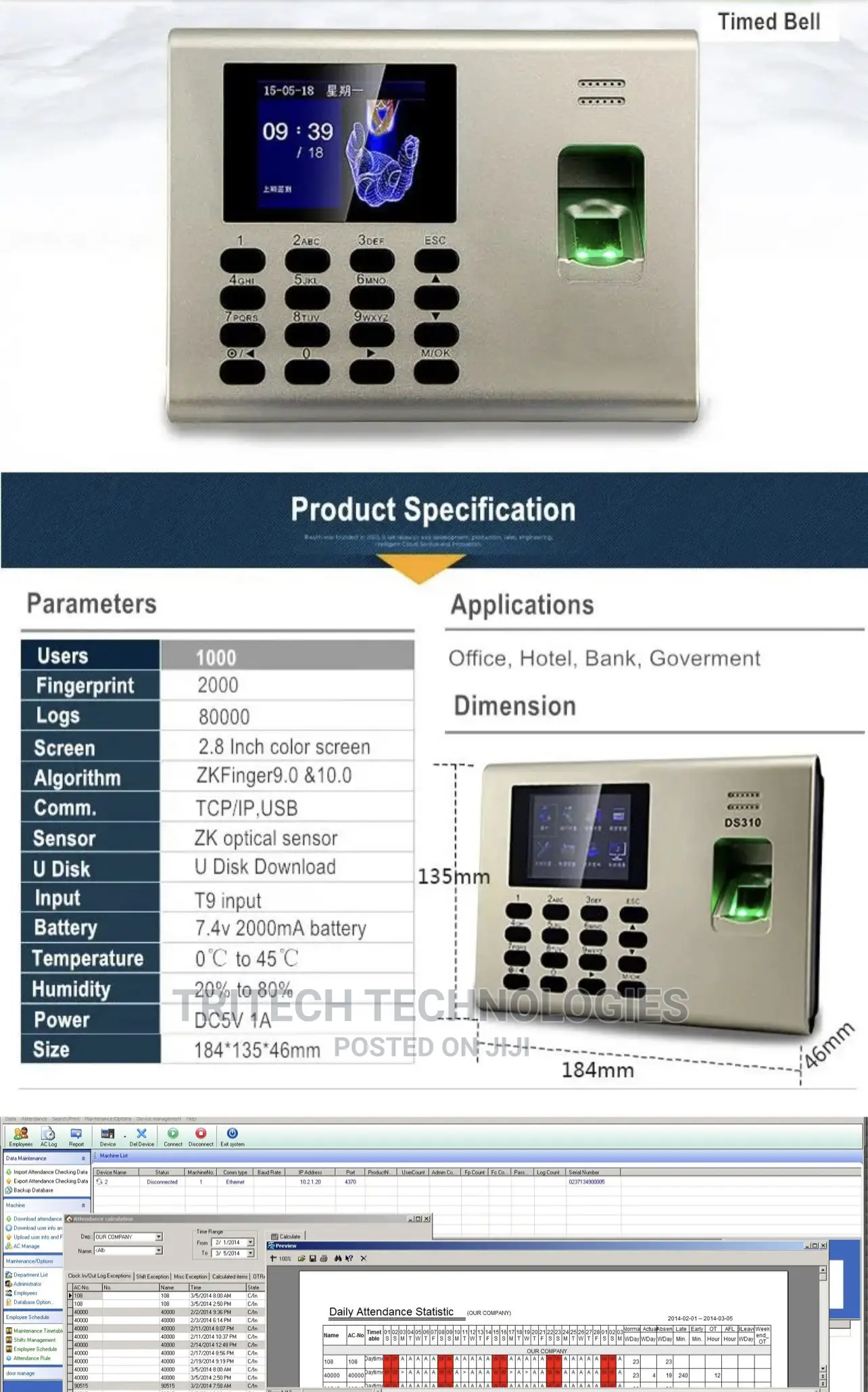 Zkteco Time Attendance With Backup Battery