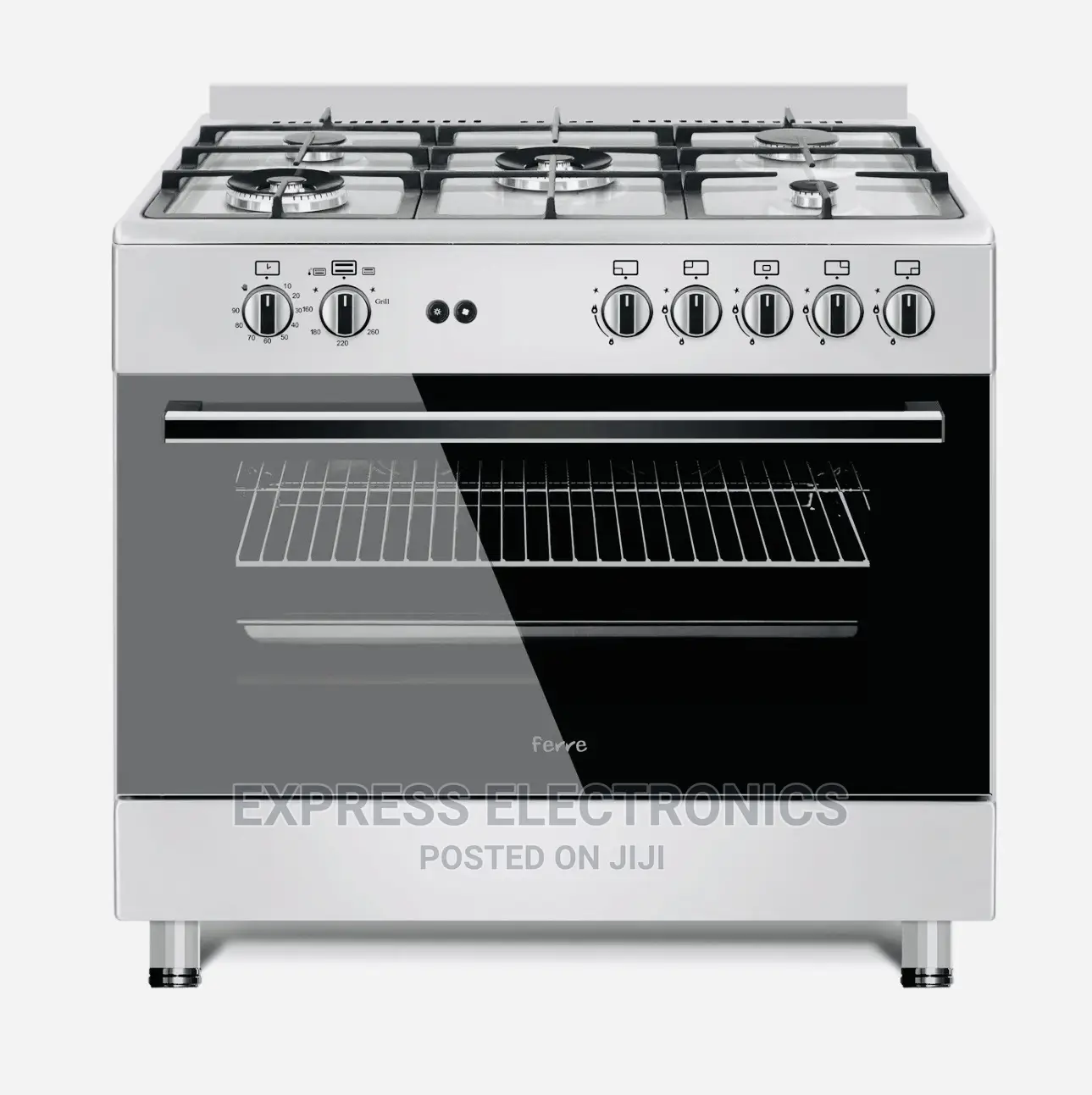 Inox Sliver Gas Cooker 5burner All Gas Oven Rotisserie
