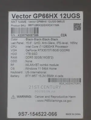 New Laptop MSI Vector GP66HX 12UGS 32GB Intel Core I7 SSD 1T