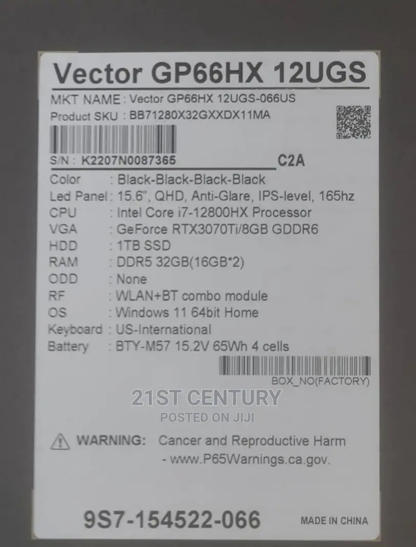 New Laptop MSI Vector GP66HX 12UGS 32GB Intel Core I7 SSD 1T