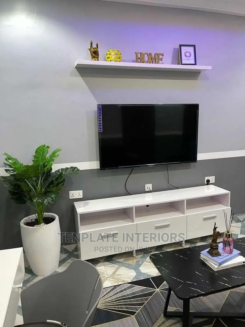 Tv Stand and Flat Floating Shelves in Gloss White in Adenta Furniture