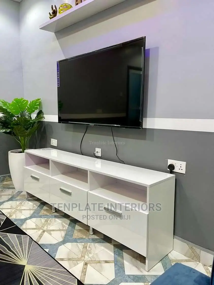 Tv Stand and Flat Floating Shelves in Gloss White in Adenta Furniture