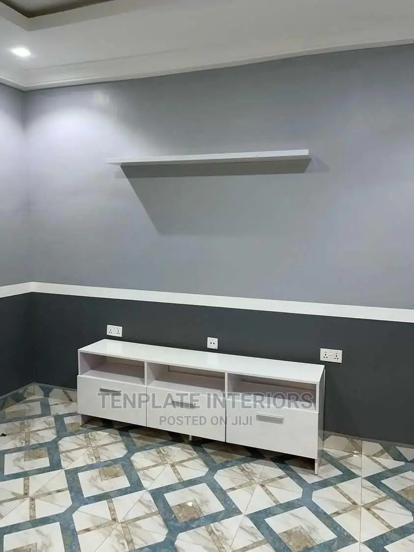 Tv Stand and Flat Floating Shelves in Gloss White in Adenta Furniture