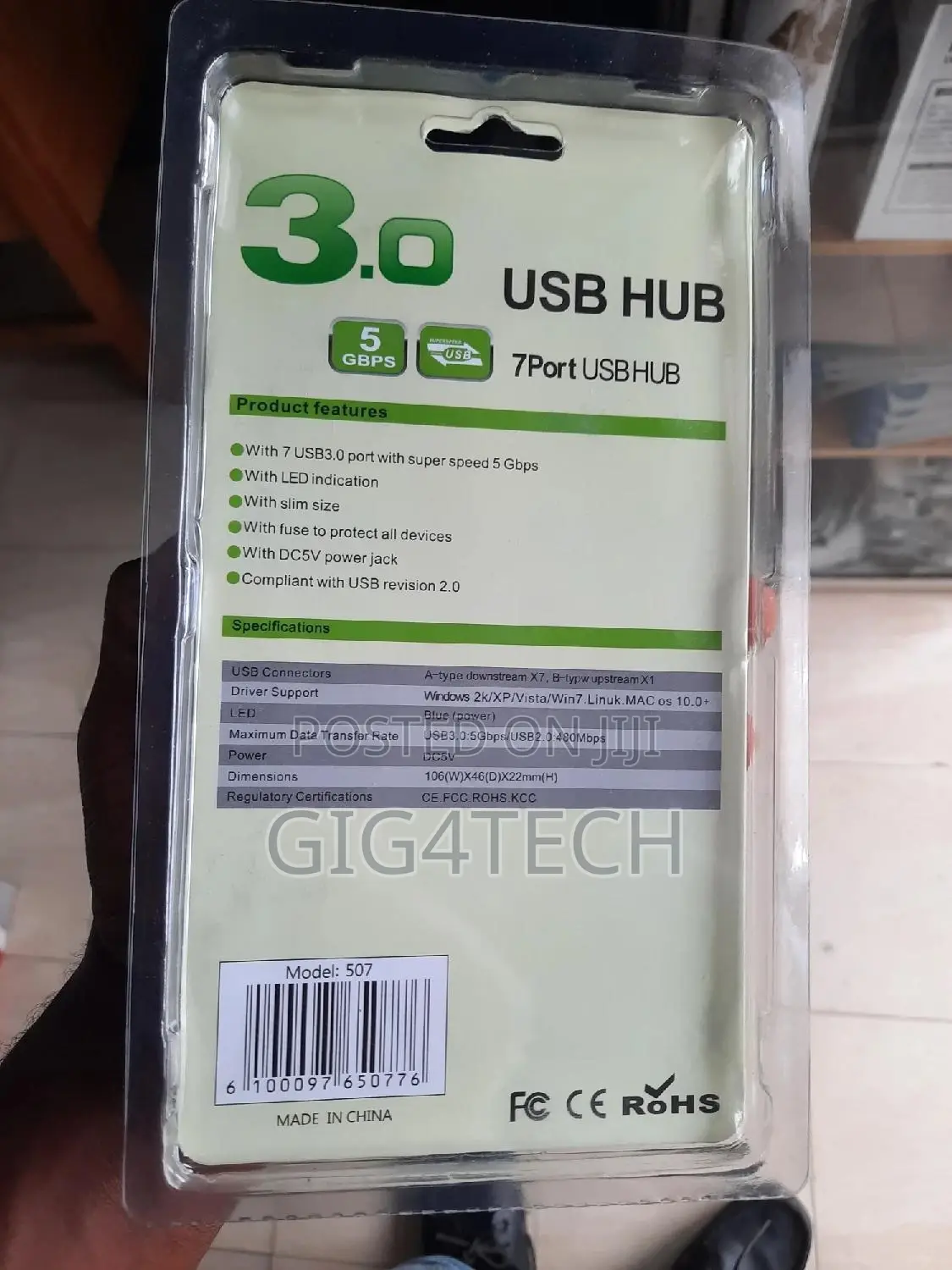 7-Port USB 3.0 Hub With Power Switches and Adapter